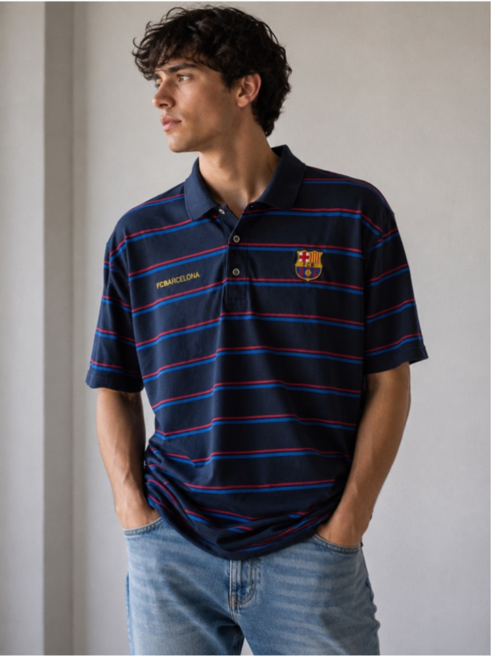 FC Barcelona Navy Polo Shirt with Red & Blue Stripes Size XL Vintage Sporty
